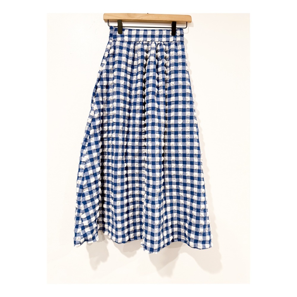 WRAY Blue White Gingham Popcorn Texture Midi Skirt XS High Waisted Puckered